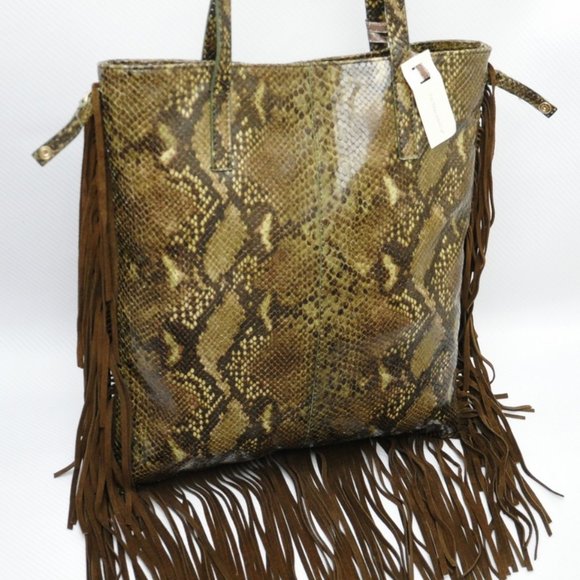 NWOT Via Repubblica Olive Green Reptile Leather Bag w/Fringe - Picture 10 of 10